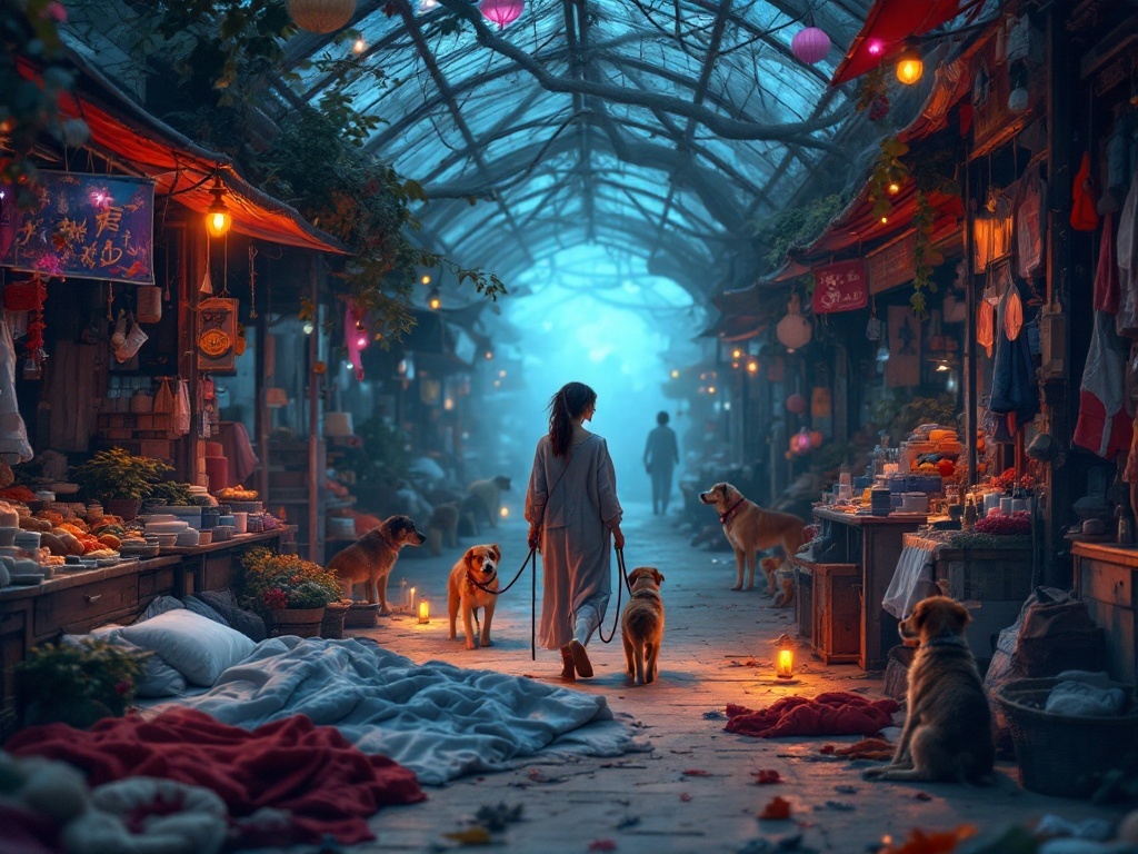    К чему такое снится: Художник изображает женщину, идущую по крытому, серому рынку, держащую за поводок собаку, окружённую другими бездомными собаками. Женщина выглядит усталой, но облегч