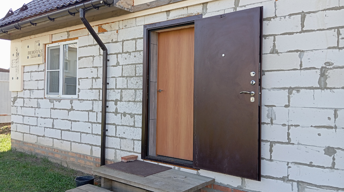 Металлическая + деревянная дверь.