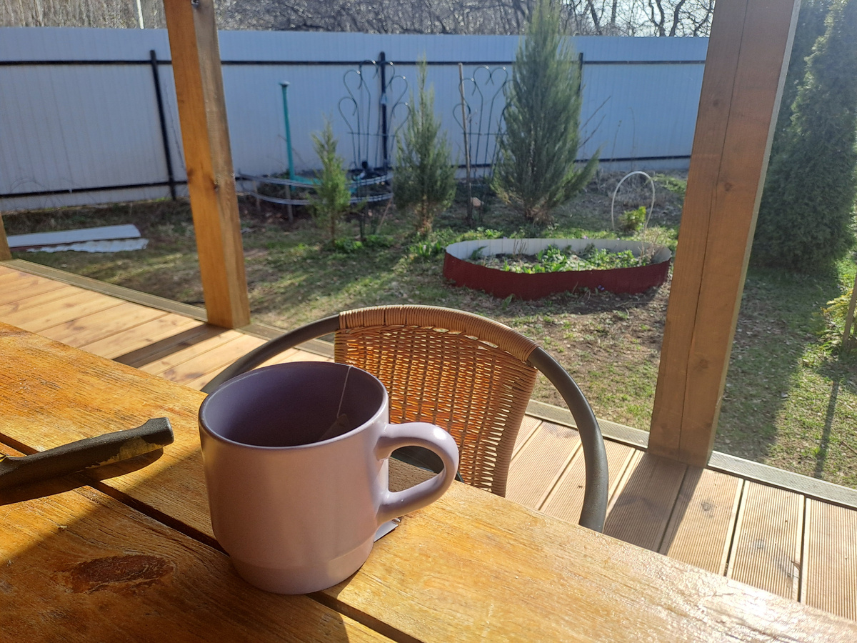 На фото вид с новой террасы на новую клумбы. Да, я все ещё цветовод