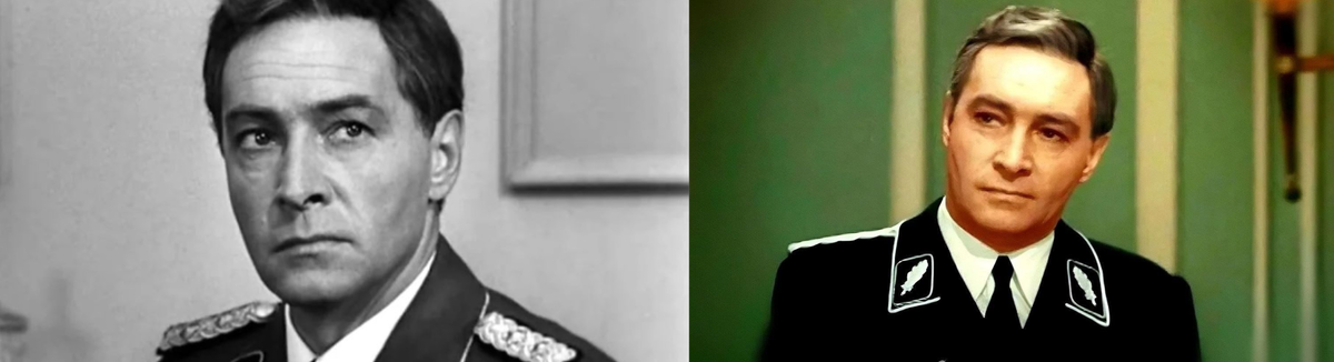 Коллаж кадров из черно-белой и колоризированной версий фильма Лиозновой «17 мгновений весны» 