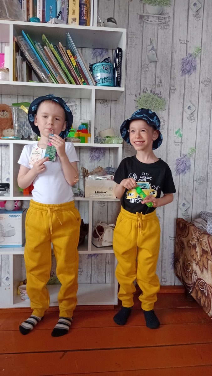 Тётя приобрела братьям одинаковые штанишки и панамки. Почти как братья-близнецы