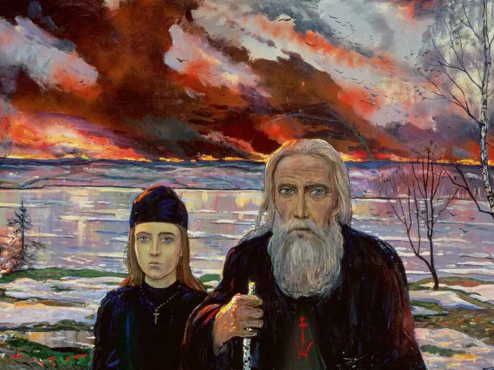 Илья Глазунов. Сергий Радонежский и Андрей Рублев (фрагмент). (Источник фото: https://www.culture.ru/persons/9638/andrei-rublev)