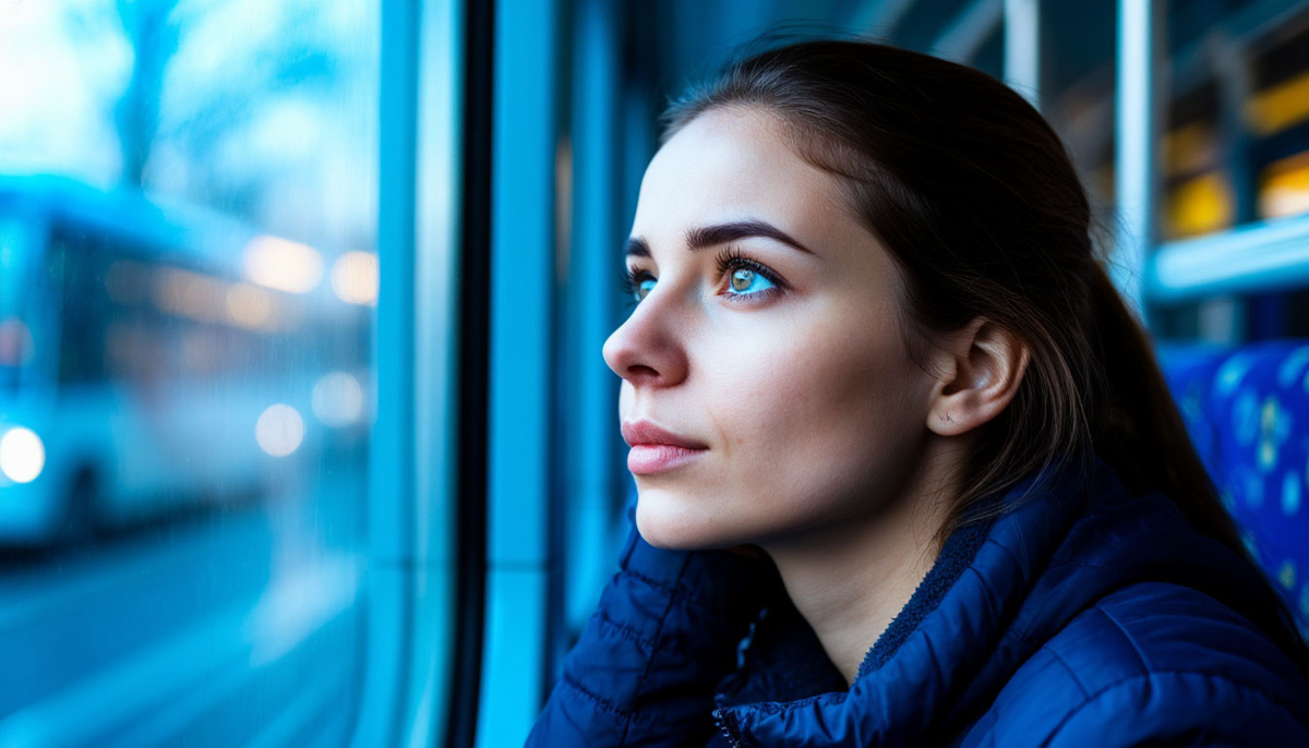 Женщина в автобусе размышляет о смысле жизни