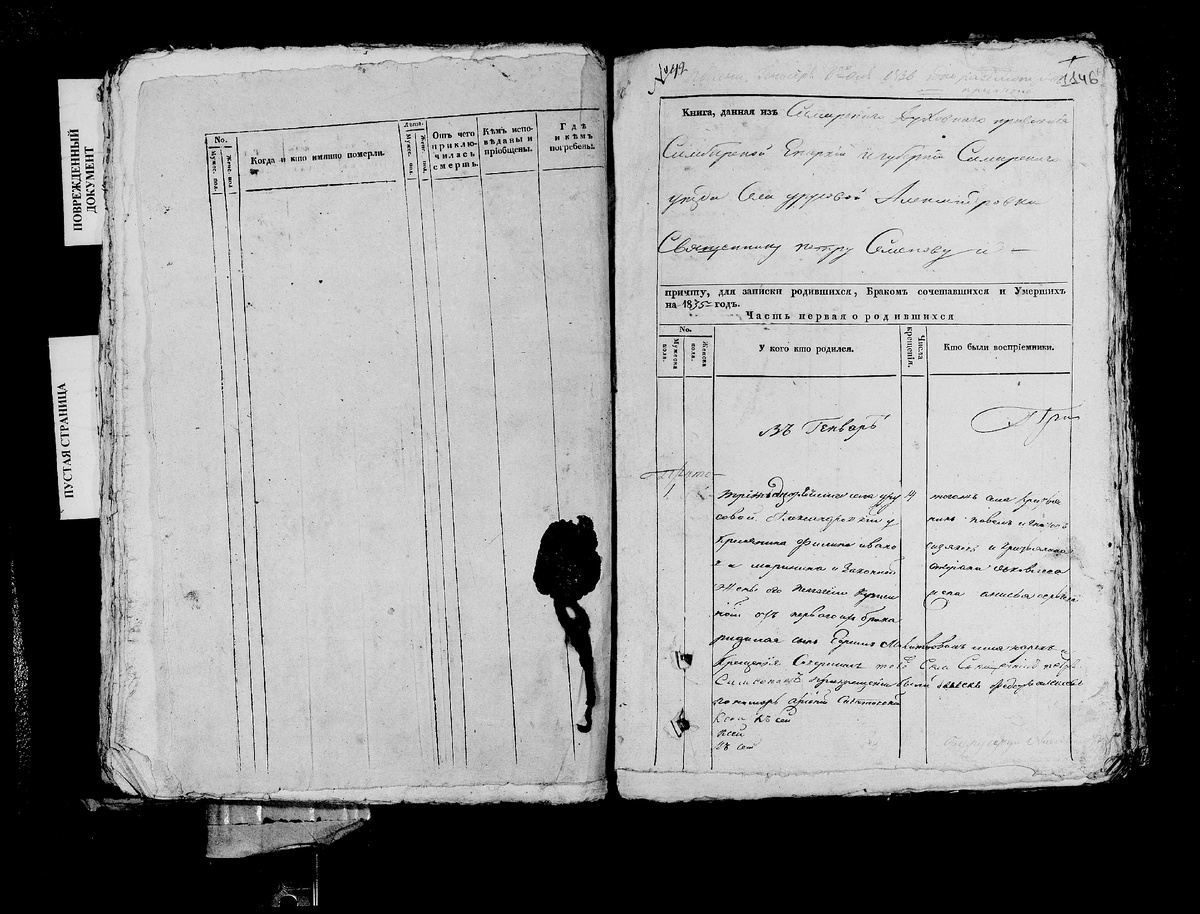 Метрическая запись о рождении, в Елани, Екатерины Сергеевны Урусовой, титульный лист. 1845 год.