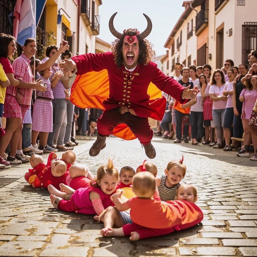 Мужчины, одетые в яркие костюмы дьяволов, размахивая кнутами, прыгают через младенцев