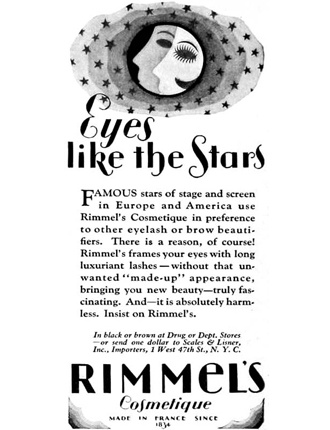 плакат 1931 года, внизу надпись, что  что Rimmel London выпускают во Франции с 1834 года
