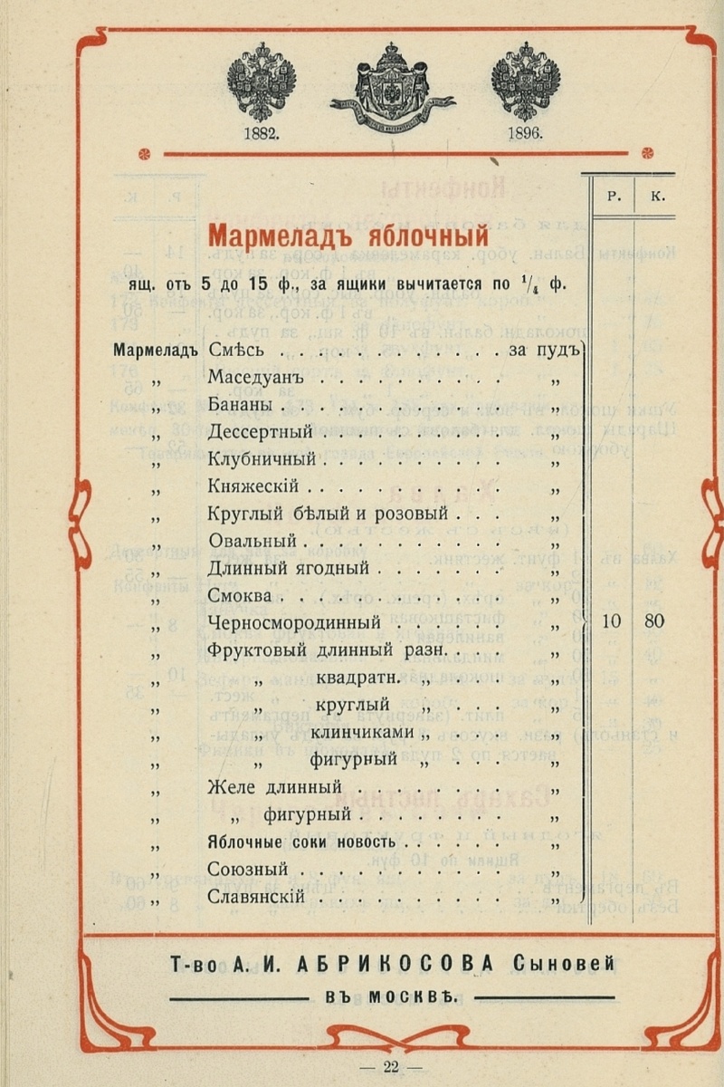 Страница из оптового прейскуранта 1911 года «Фабрично-торгового товарищества А.И. Абрикосова сыновей». Из собрания Российской государственной библиотеки