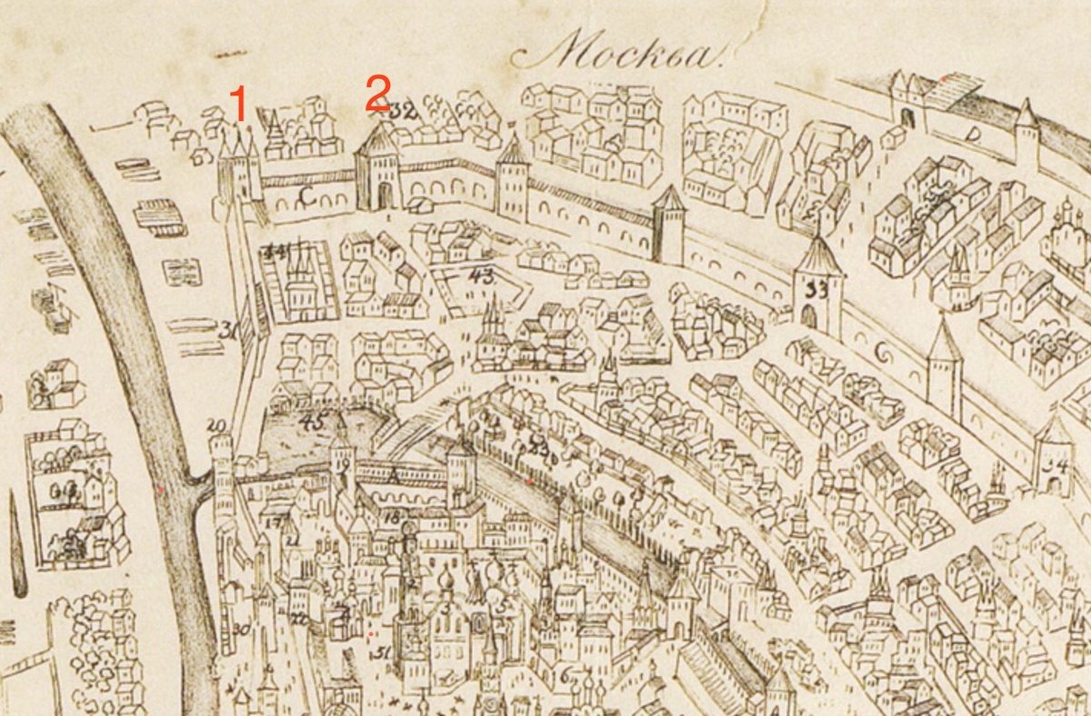 Крепостная стена Белого города. 1 - Семиверхая башня, которая находилась примерно на месте Храма Христа Спасителя, 2 - Чертольские ворота, от которых тянулась улица, с 19 века названная Волхонкой.