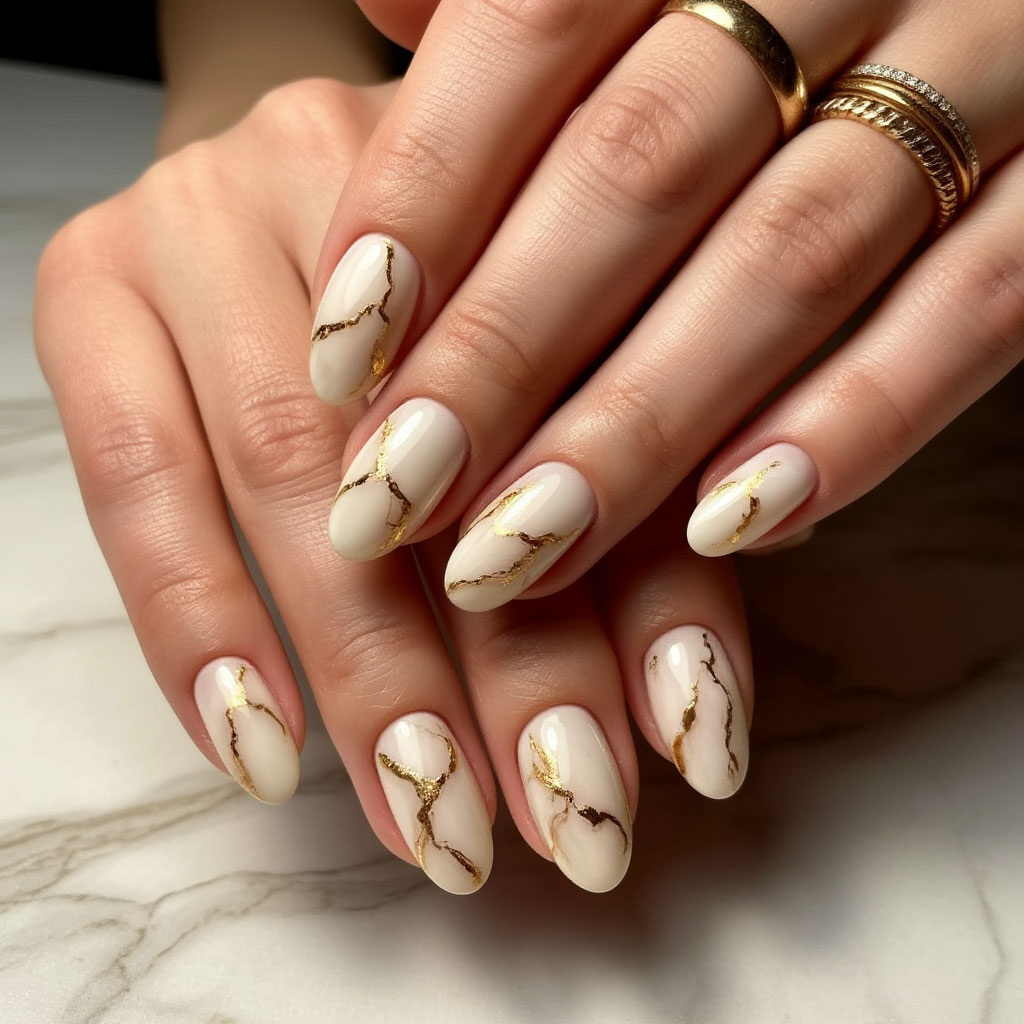 Мраморный кремовый маникюр с золотыми прожилками