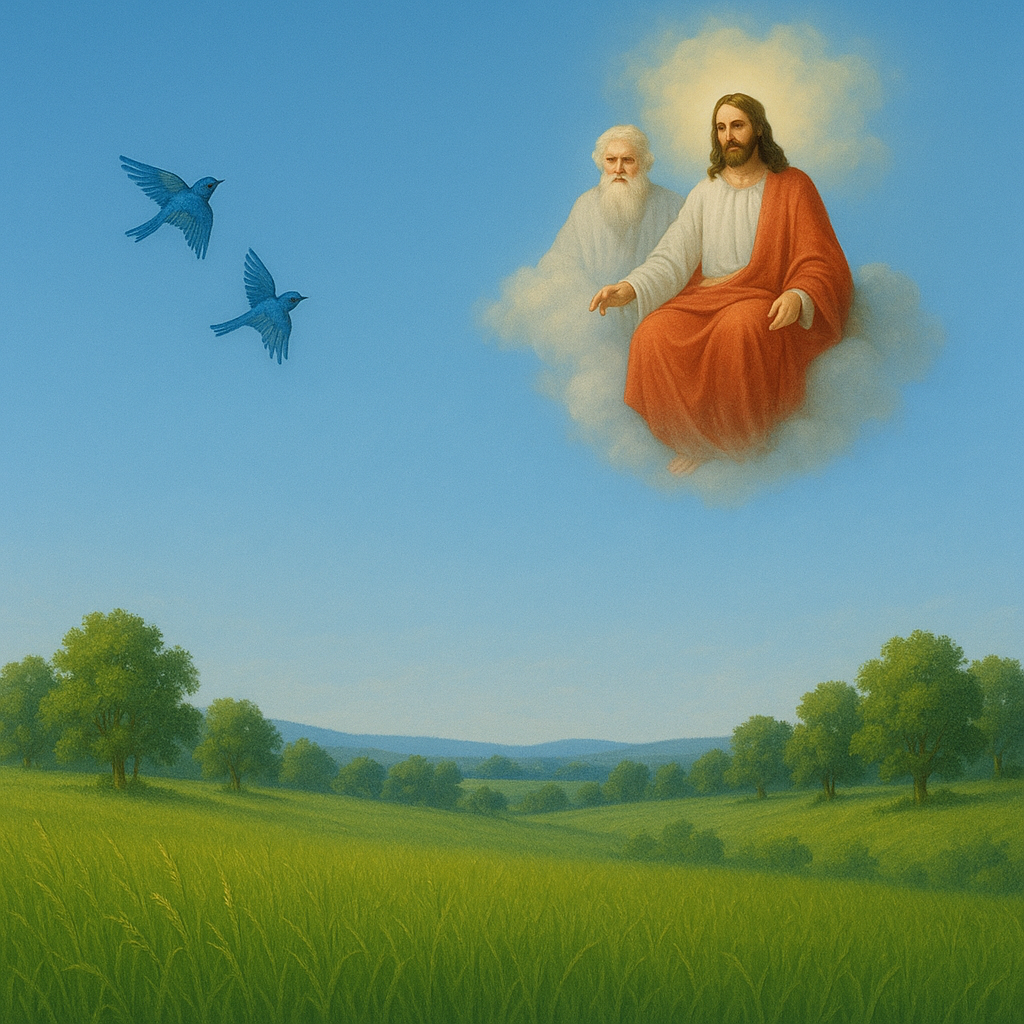 На ясном голубом небе, в лучах Солнца — видение: Иисус Христос стоит на облаке рядом с Отцем, Живущим на Небесах. Под Ними — мир, озарённый Светом: зелёные луга, чистый день, ликующие райские птицы в полёте. Никаких крестов, символов или образов, связанных с человеческой или религиозной традицией — только Живое Присутствие в Духе и Истине. Всё изображение наполнено Безмолвием, Светом и Чистотой, указывающей не на формы, а на Источник. Это не земное видение — это свидетельство: Один у вас Отец, Который на Небесах
