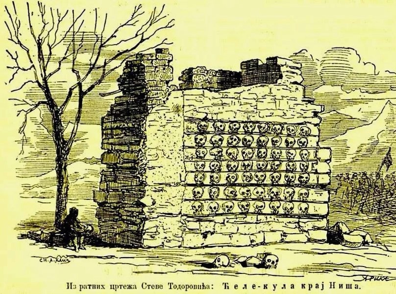 Такие башни из отрубленных голов складывали османы после массовых казней сербов.  Наберите в любом поисковике: "Челе-Кула". И вы увидите как выглядит османский фашизм.