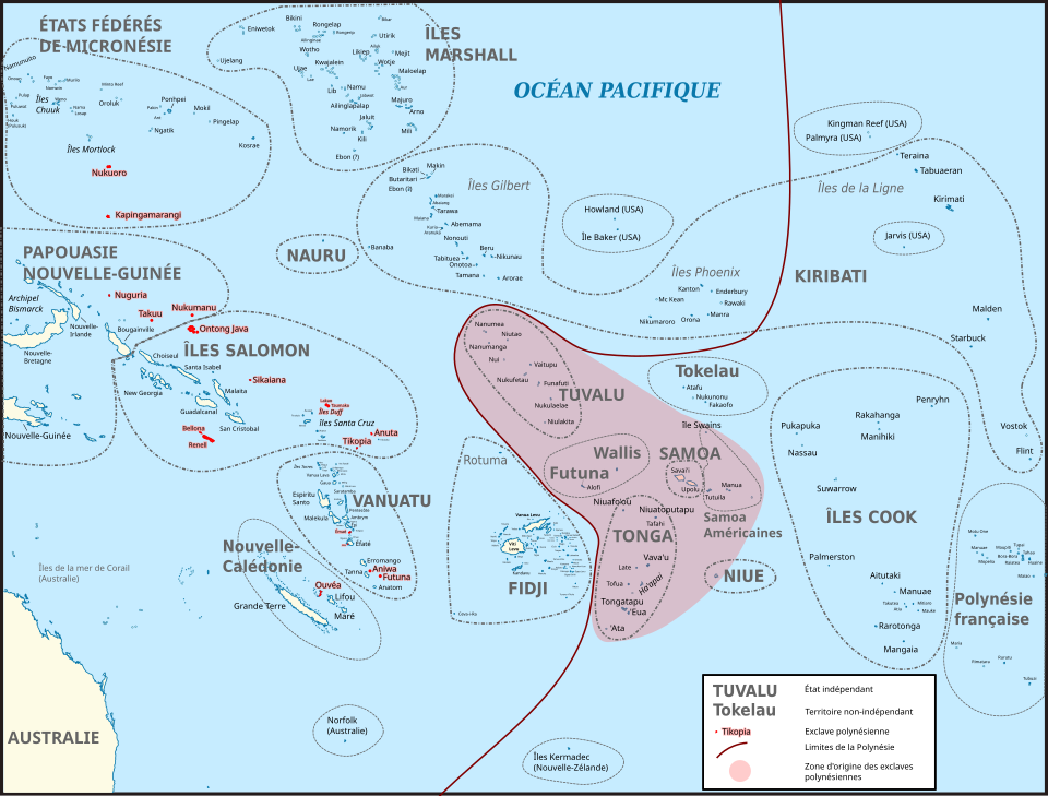 Названия  островов  Внешней  Полинезии  даны  красным  цветом; розовым  цветом  отмечены  те  архипелаги  Внутренней  Полинезии, с  которых  происходило  заселение  островов  Внешней  Полинезии
