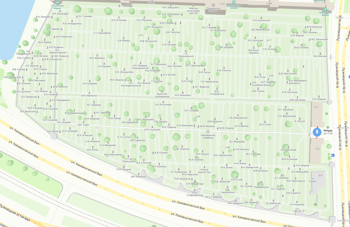 Схема Новодевичьего кладбища согласно Яндекс.Картам