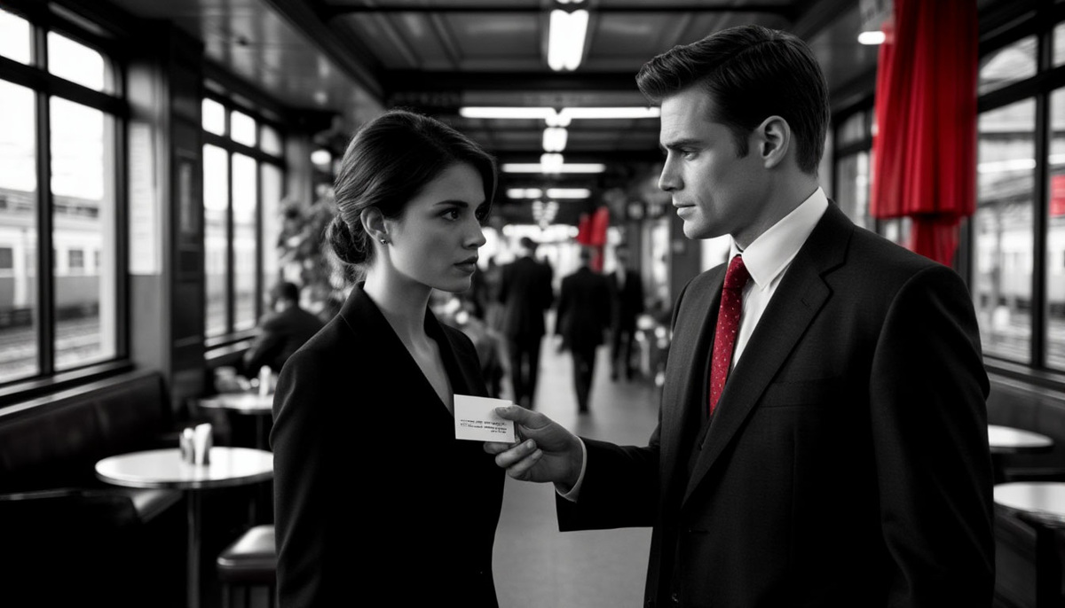  Человек в строгом костюме протягивает визитку