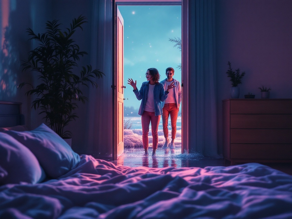    К чему такое снится: На картине изображены двое соседей, стоящих у открытой двери квартиры. Один из них размахивает руками в знак недовольства, а другой выглядывает сзади. Под ногами вод