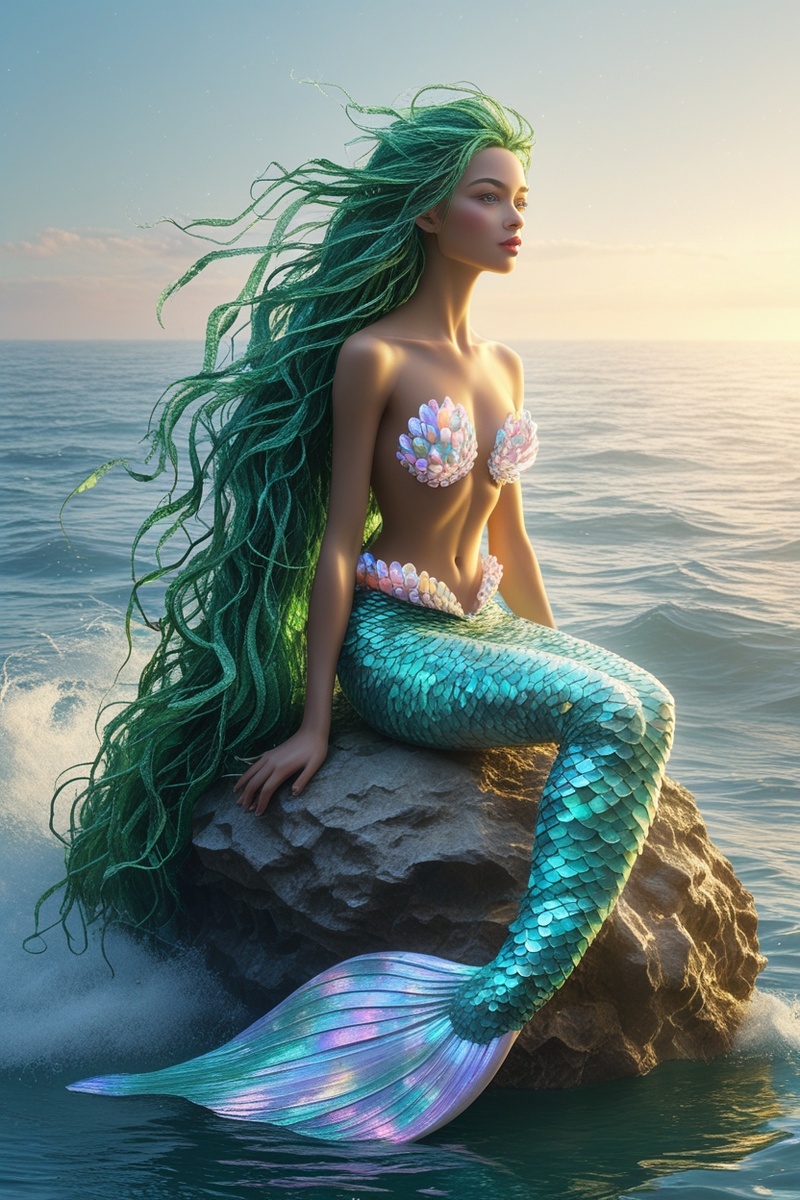 Когда-то жила женщина, которую штормы жизни швыряли от берега к берегу. Её дни проходили в заботах, тревогах и бесконечном старании "быть удобной". Она старалась плыть по течению, но чувствовала, что тонет - в долгах, одиночестве и сомнениях в себе.. Однажды, в самый серый день, она подошла к морю. Не зная зачем, просто чтобы побыть наедине. Она смотрела, как волны играют, и вдруг прошептала:"Хочу быть свободной, как море"И вода услышала еёСначала она не заметила изменений. Но сны стали другими: она плыла в подводных городах, разговаривала с дельфинами, расплетала водоросли, как волосы… А потом, однажды утром, проснувшись, она почувствовала - ноги словно исчезли. Там, где были ступни, переливалась чешуя. Внутри что-то щёлкнуло - не страх, а освобождение. Она стала русалкой.. Но не той, что прячется в сказках, - а женщиной, что обрела свою силу.Она вернулась из снов иной: с новым голосом, с волной в сердце. Она создавала образы, писала песни, оживляла мечты - свои и чужиеТам, где раньше была усталость, теперь была магия. Там, где была боль - песня воды..