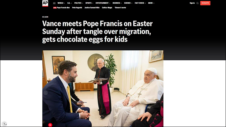    За день до смерти папа Франциск встретился с вице-президентом США. Скриншот: интернет-сайт apnews.com