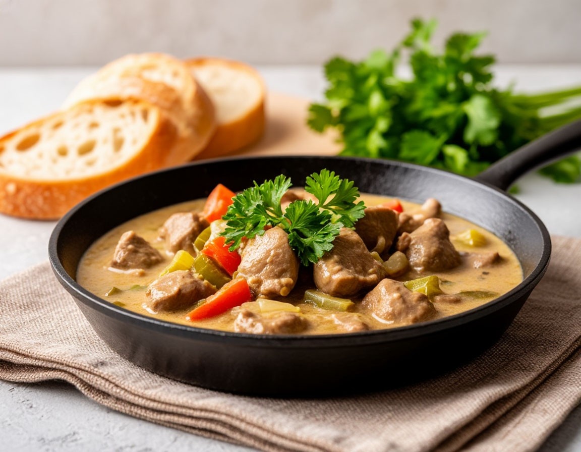 Куриная печень с овощами в сливочном соусе