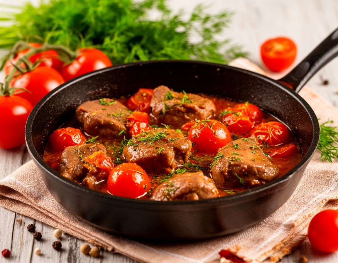Куриная печень с томатами в подливе