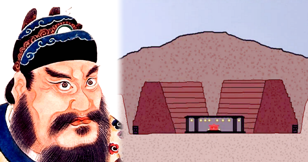 Цинь Шихуанди и схематическое изображение склепа.