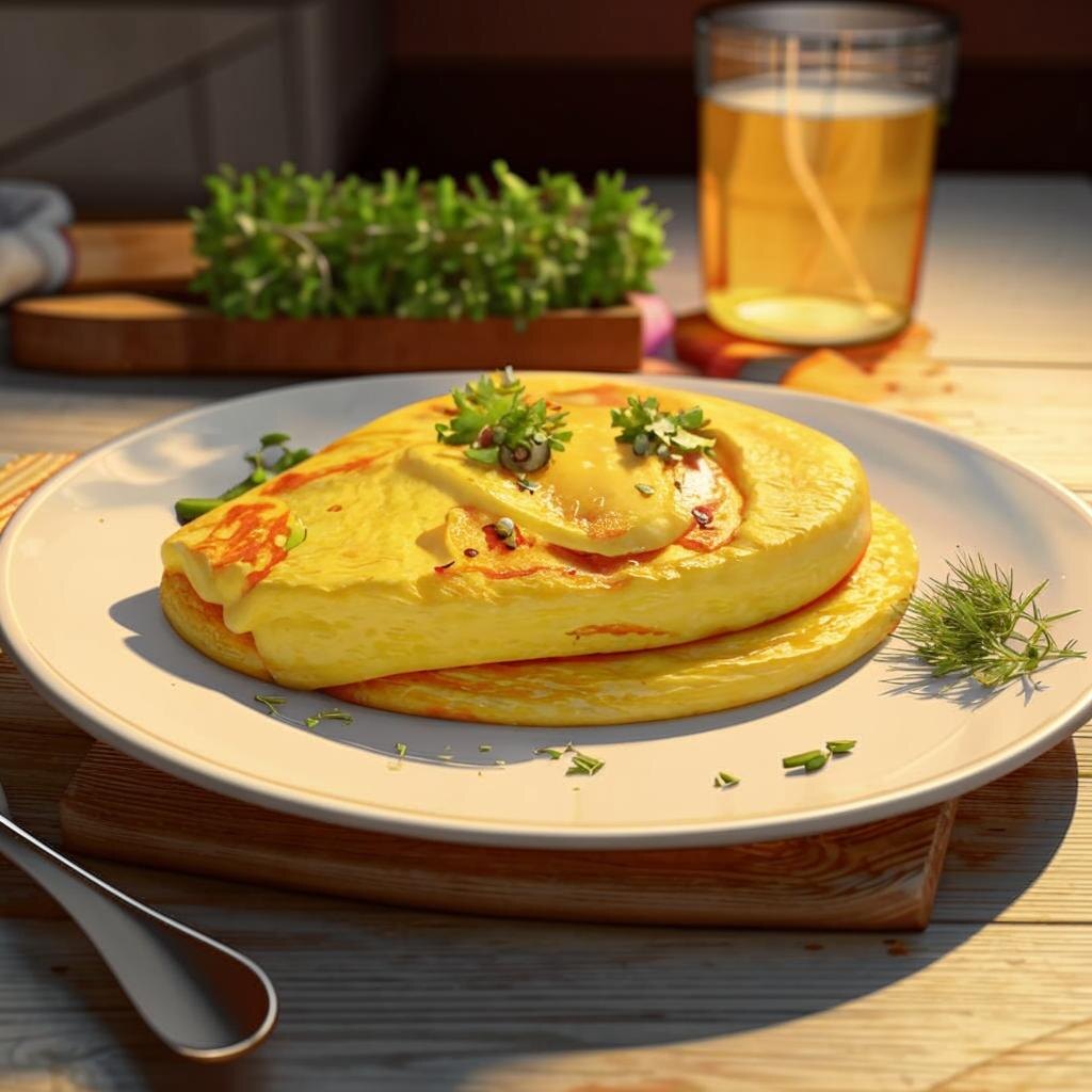 золотистый омлет на белой тарелке с зеленью