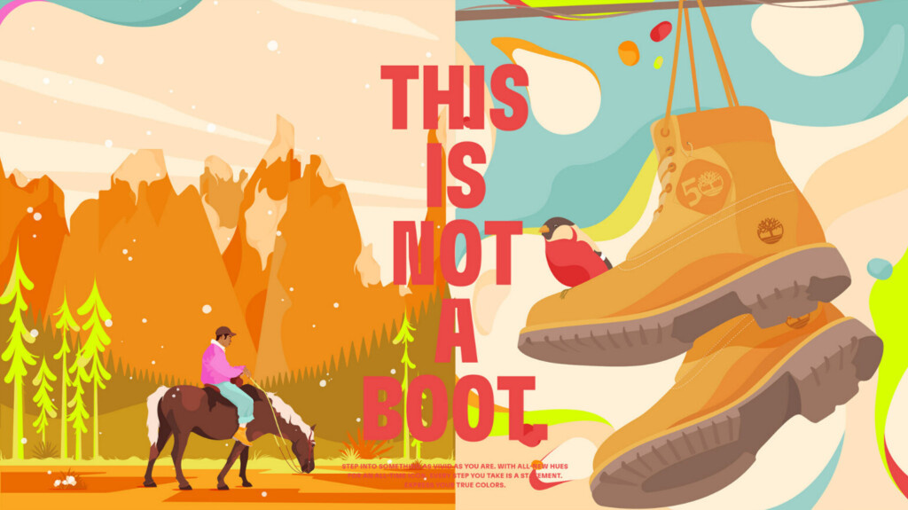 Серия рекламных иллюстраций с изображением ботинок и человека в них. Источник: Behance URL: https://www.behance.net/gallery/207008875/Timberland/modules/1175569193 (дата обращения: 01.03.2025).