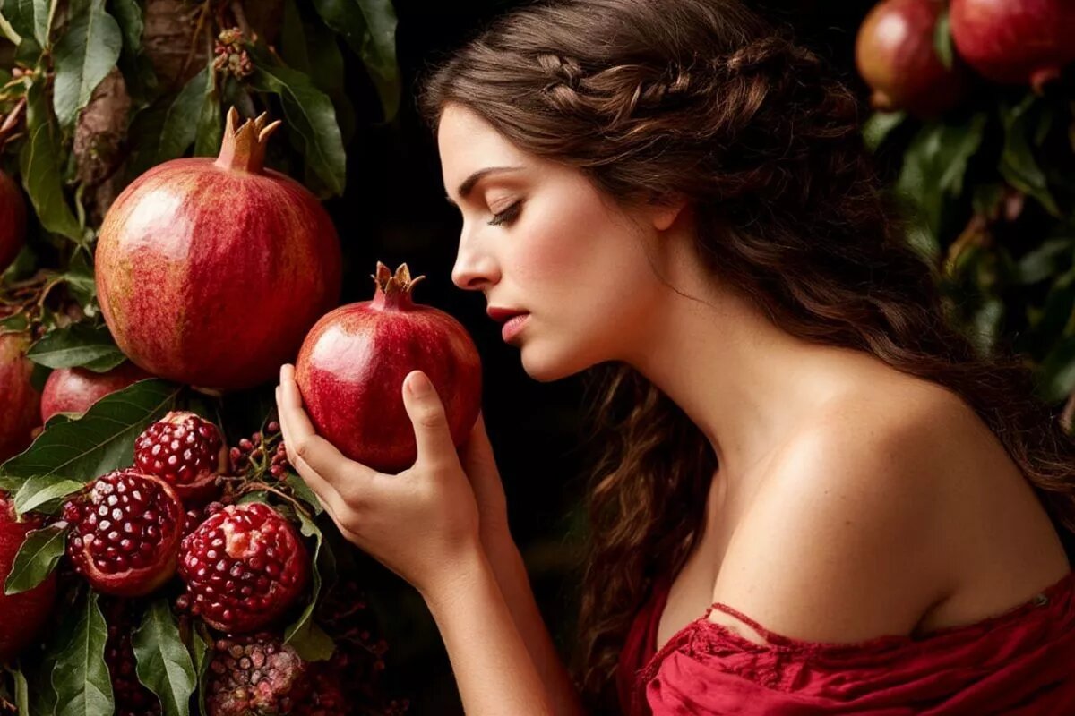 По легенде Персефона, похищенная Аидом, не захотела возвращаться к своей матери, когда отведала плод граната.
Фото: Нейросеть shedevrum.ai