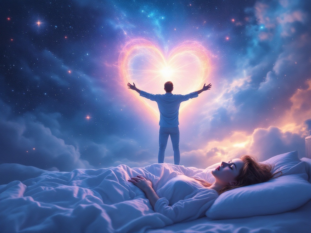    К чему такое снится: На картине изображен мужчина, стоящий с распростертыми руками перед образом Всевышнего, отдельно висит светящееся сердце, которым он восхищённо и благодарно смотрит.
