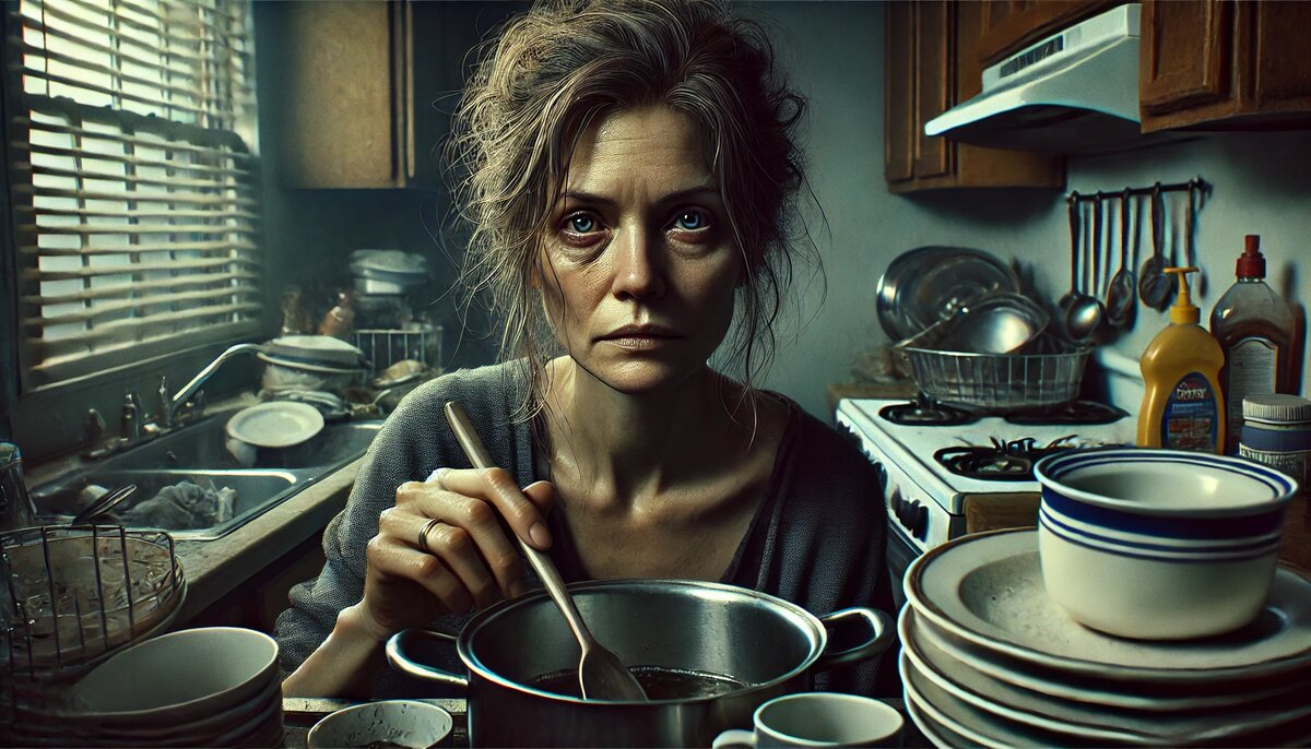 Уставшая жена с потухшим взглядом и растрёпанными волосами готовит помешивая ложкой в кастрюле на фоне горы грязной посуды в тускло освещённой кухне