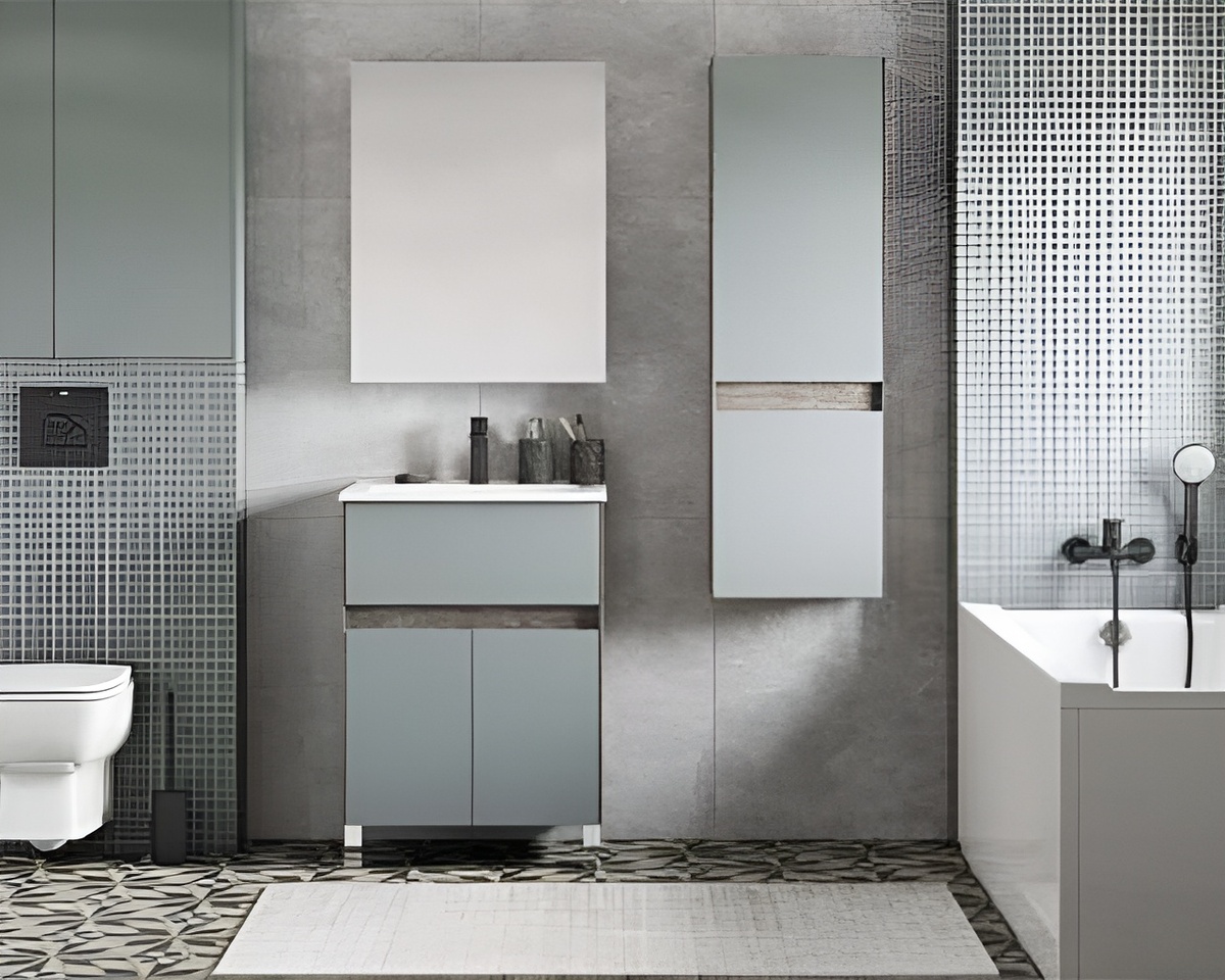 Шкафчик напольный с раковиной Акватон Форест 60 1A278201FR9C0, 58,2 см, дуб рошелье/сумеречный голубой на сайте дождь-сантехника.рф
