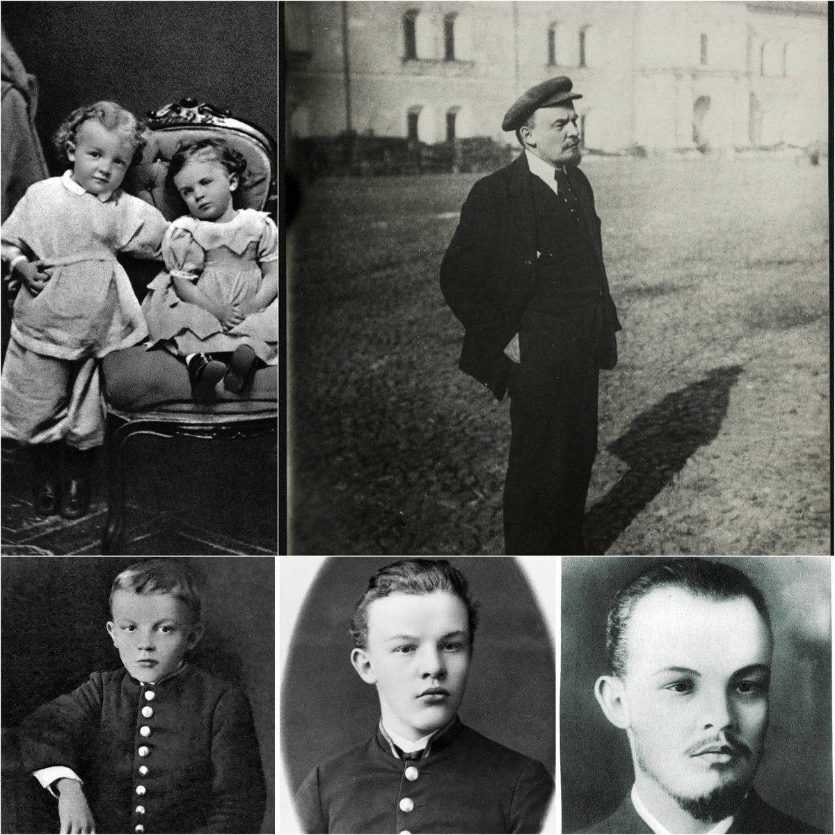 На фото сверху слева по спирали: Владимир Ульянов в 4 года вместе с сестрой Ольгой, в первом классе гимназии, в выпускном классе гимназии (1887), студент-экстерн (1892), на территории московского Кремля в октябре 1918, Коллаж автора из фото с сайтов Большая Российская энциклопедия, Дзен, "Википедия", РНБ