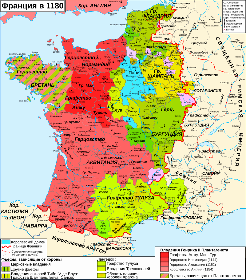 Владения Аквитанского герцогства в последней четверти ХII века. Источник: https://ru.wikipedia.org/wiki/Генрих_II_Плантагенет#/media/Файл:Map_France_1180-ru.svg
