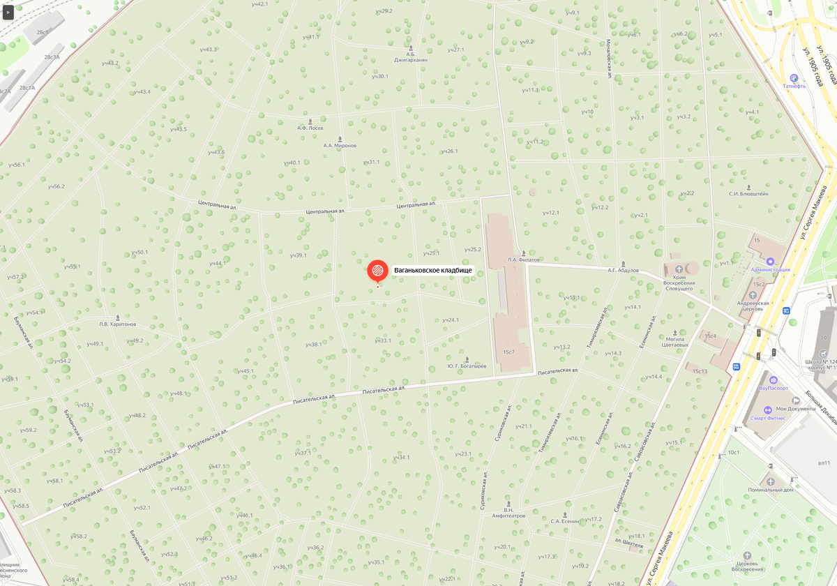 Схема захоронений на Ваганьковском кладбище согласно Яндекс.Картам