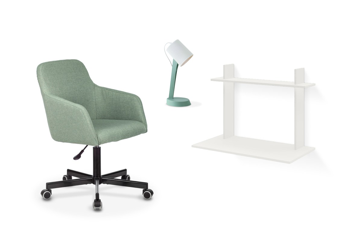 Компьютерный подвесной стол Cross — 3090* рублей, кресло «Бюрократ CH-380M» — 9672* рубля, светильник Union — 1694* рубля.