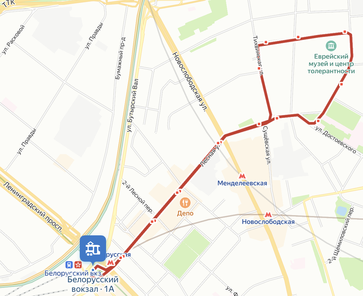 Схема движения трамвая №9 на карте Москвы. Яндекс.Карты.