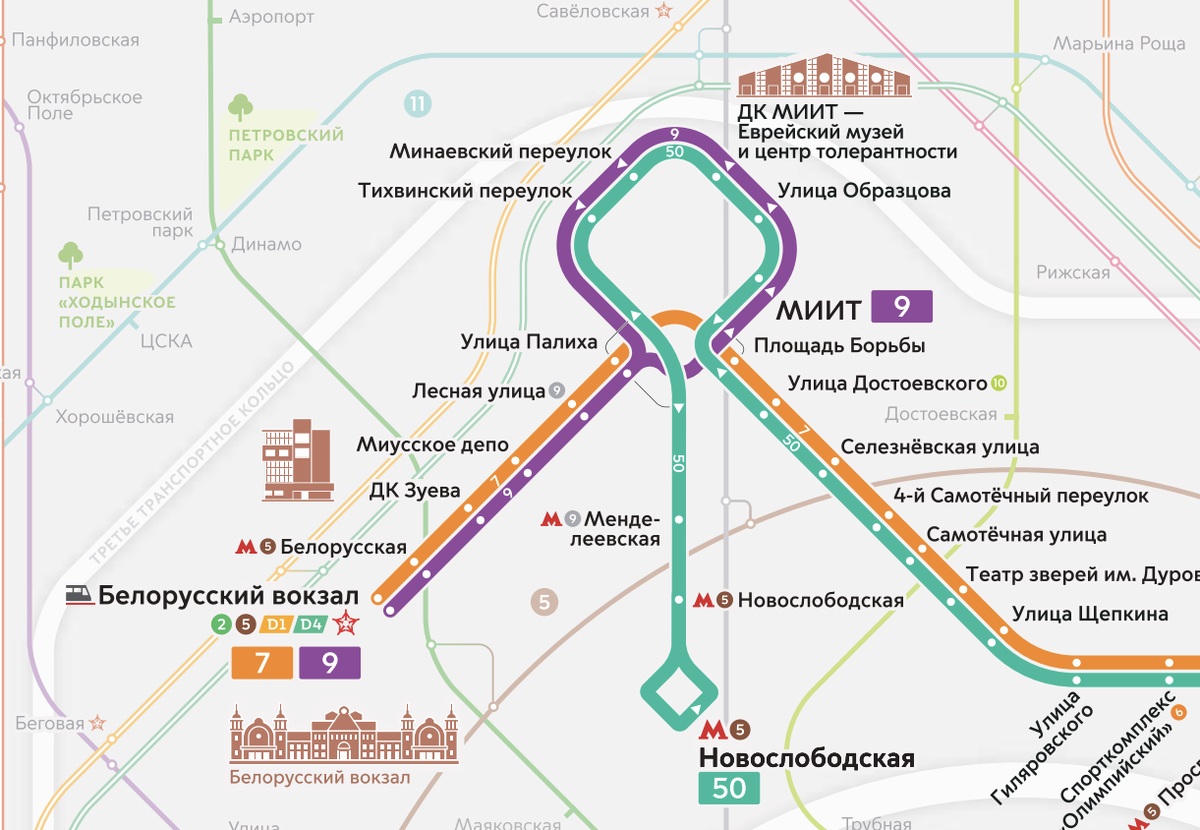Схема движения трамвая №9 на официальной карте 2024 года. Отсюда: https://transport.mos.ru