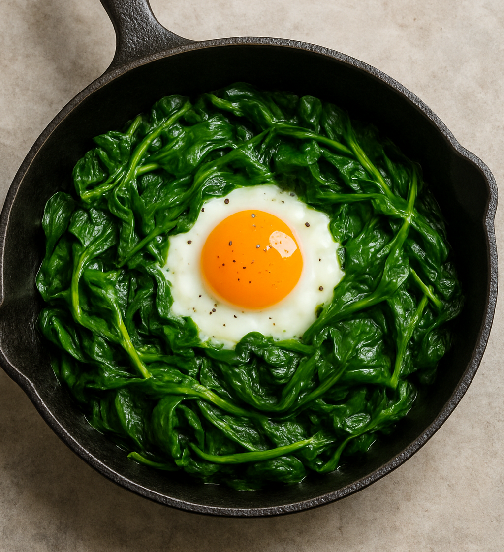 Шпинат с яйцом на сковороде
