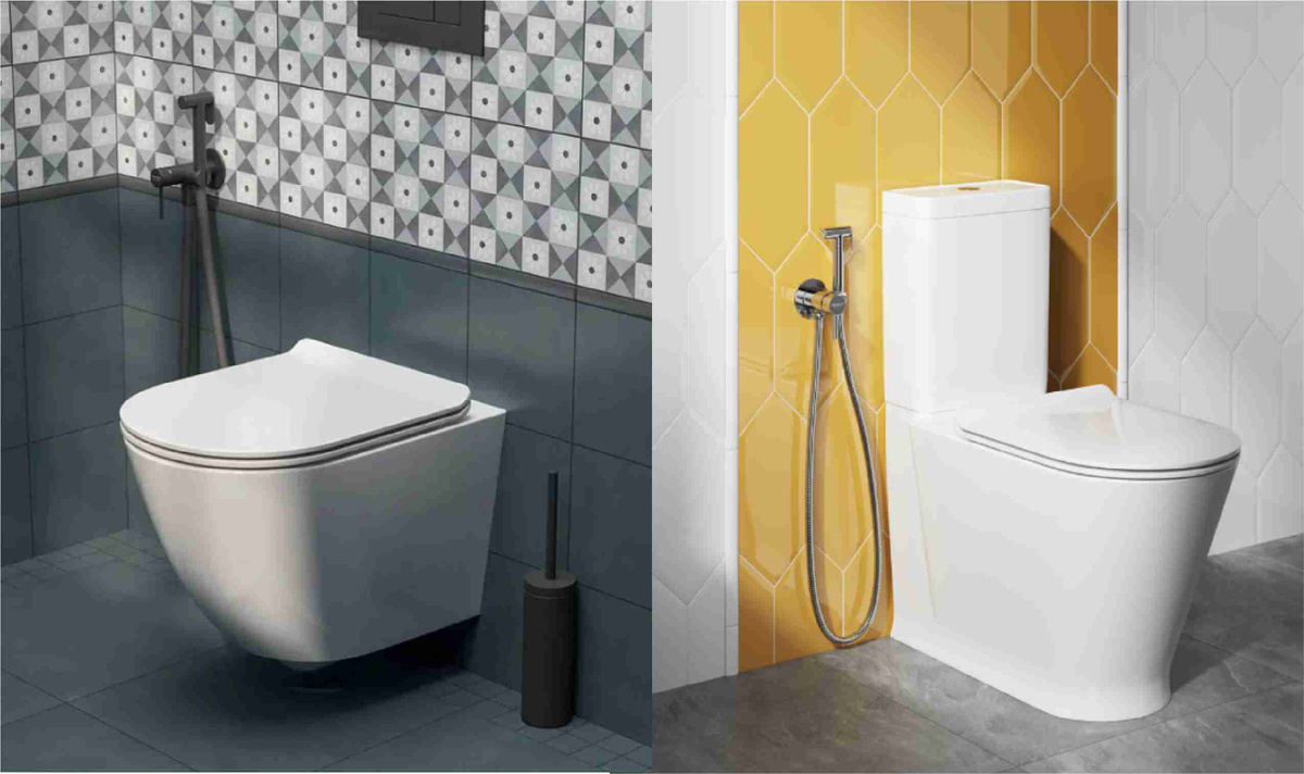 Слева - подвесной унитаз Sfera. СПРАВА - напольный унитаз Plaza Modern от KERAMA MARAZZI