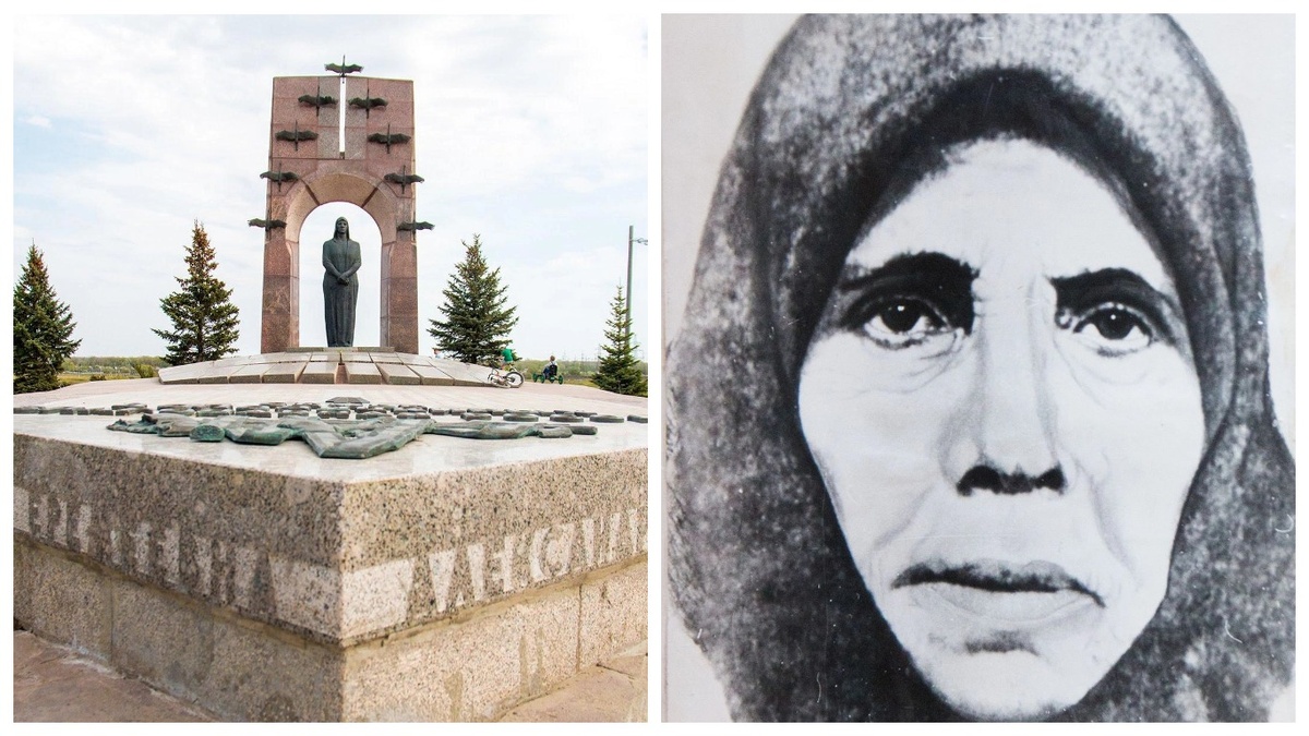 Мемориальный комплекс со словами "Семье Володичкиных благодарная Россия", справа - Прасковья Володичкина