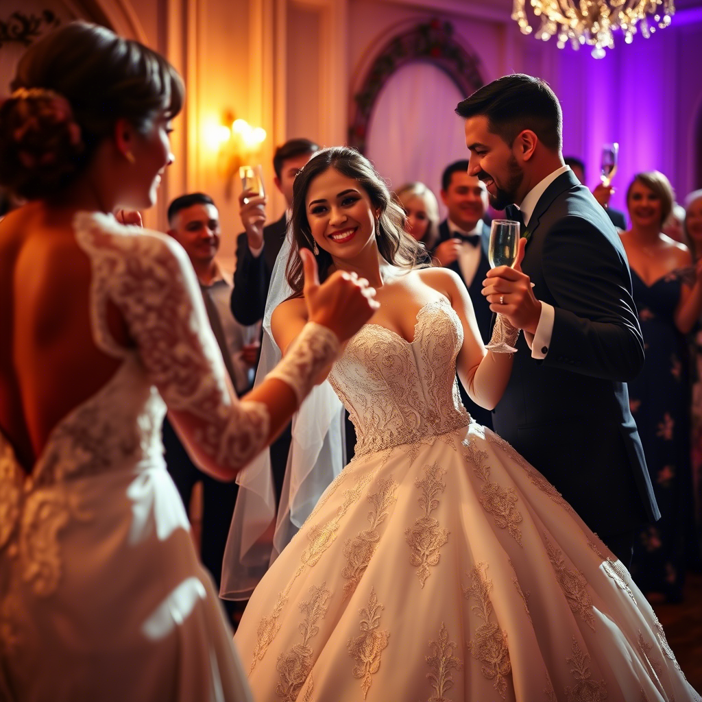 молодые обмениваются поцелуем, демонстрируя своё счастье и признательность гостям