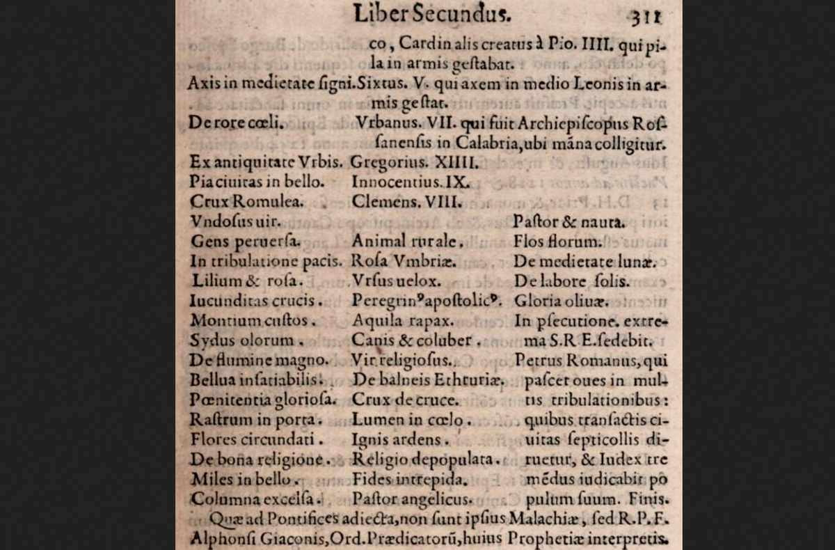 Заключительная часть «Пророчества о папах» в «Древе жизни» («Lignum Vitae») (1595), стр. 311.