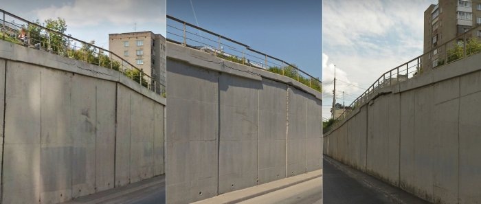 Постепенная деформация стены в 2017, 2020 и 2023 годах (слева направо). Фото из сервиса «Яндекс.Карты».