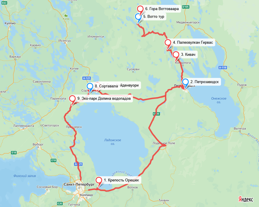 Наш маршрут. Нарисовала основной маршрут от Питера и обратно. Дорога из и в Москву понятна - М11