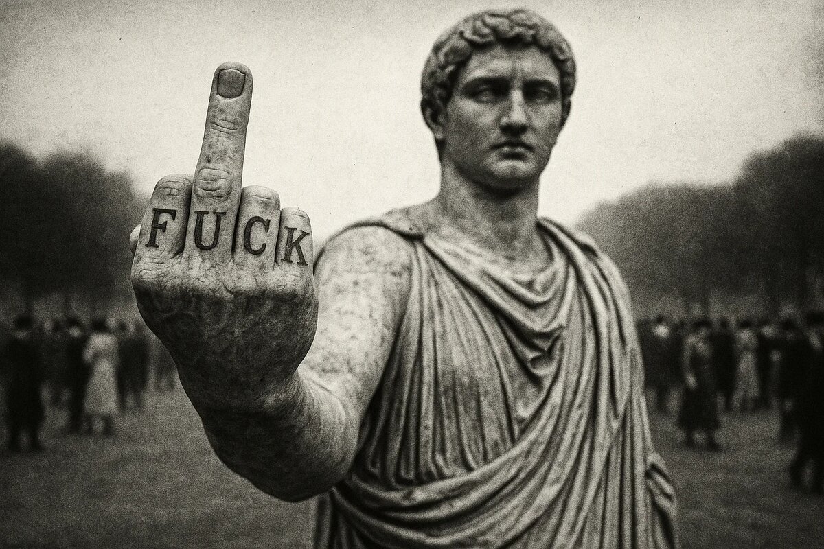 Мраморная статуя показывает средний палец с тату "FUCK" — провокация в искусстве, антик в современной интерпретации.