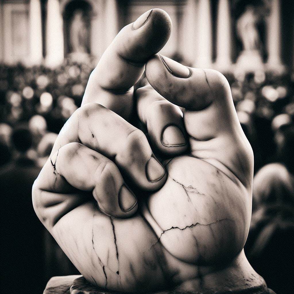 Мраморная статуя показывает средний палец — провокация в искусстве, антик в современной интерпретации.