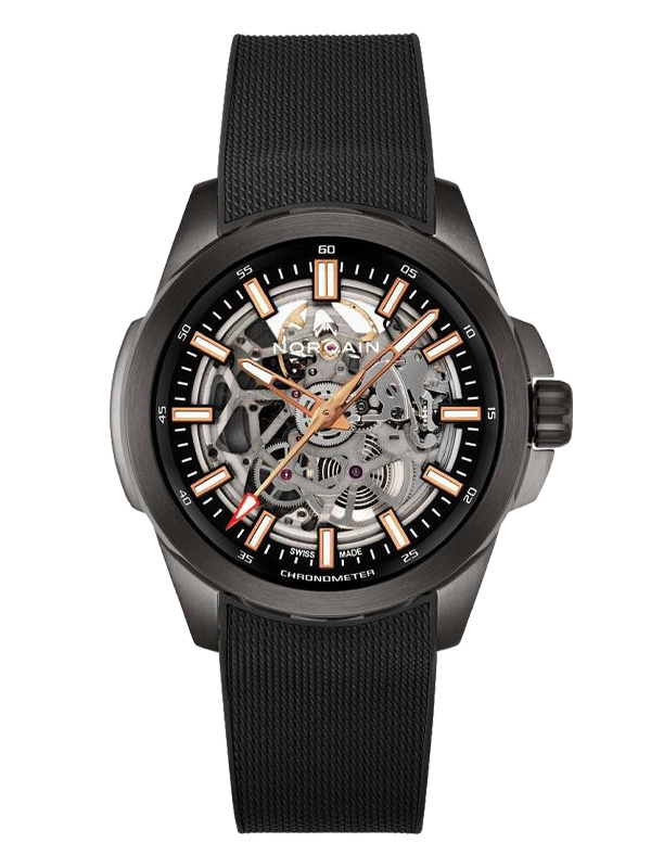 Часы NORQAIN Independence Skeleton DLC в 42 мм корпусе и стали с углеродным покрытием DLC и чёрным внутренним безелем