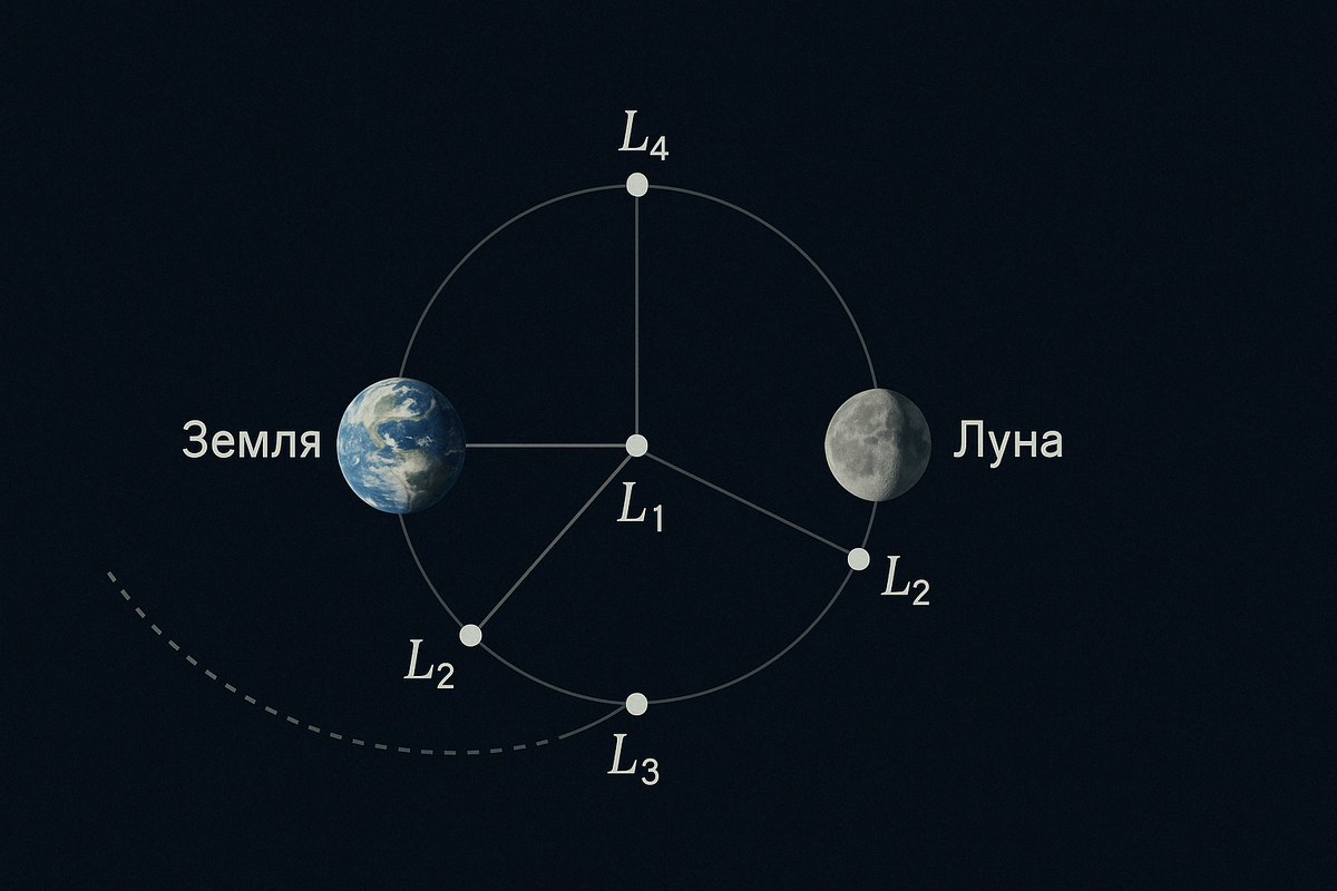 Диаграмма точек Лагранжа системы Земля–Луна. L2 — идеальное место за Луной для установки спутников, защищённых от радиошума Земли.