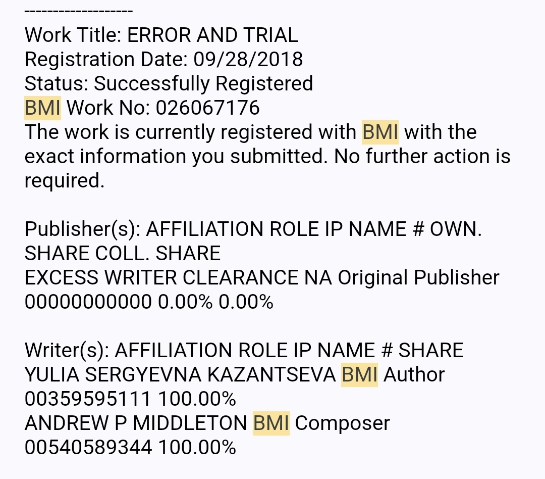 Одна из песен Error and Trial зарегистрирована BMI music в 2018 г.