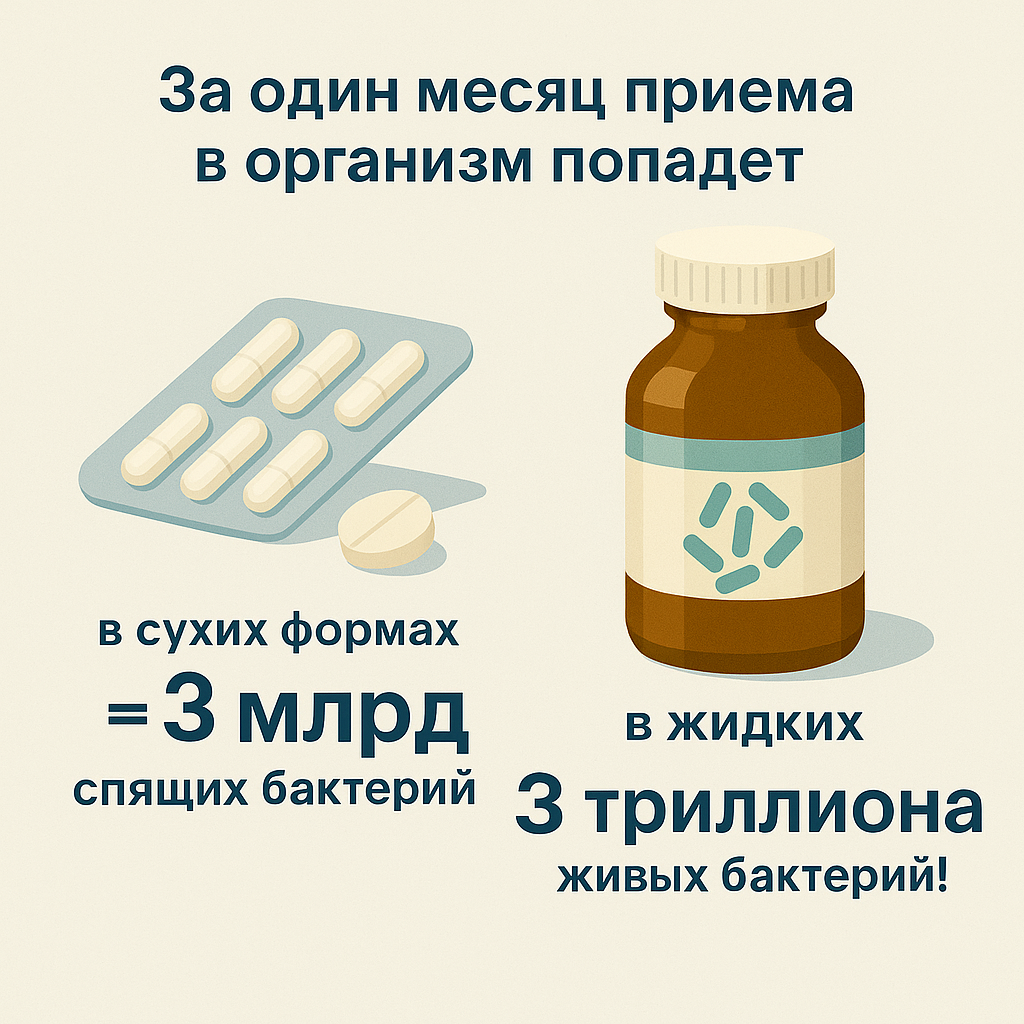 3 триллиона полезных бактерий в питьевых пробиотиках против 3 миллиардов в капсулах 