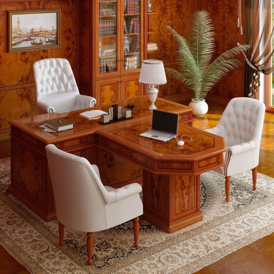     Кабинет в большом частном доме выполнен в теплых деревянных и белых оттенках